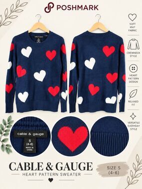 Time and Tru Navy Blue Heart Print Knit Sweater Size S 4-6 NWT